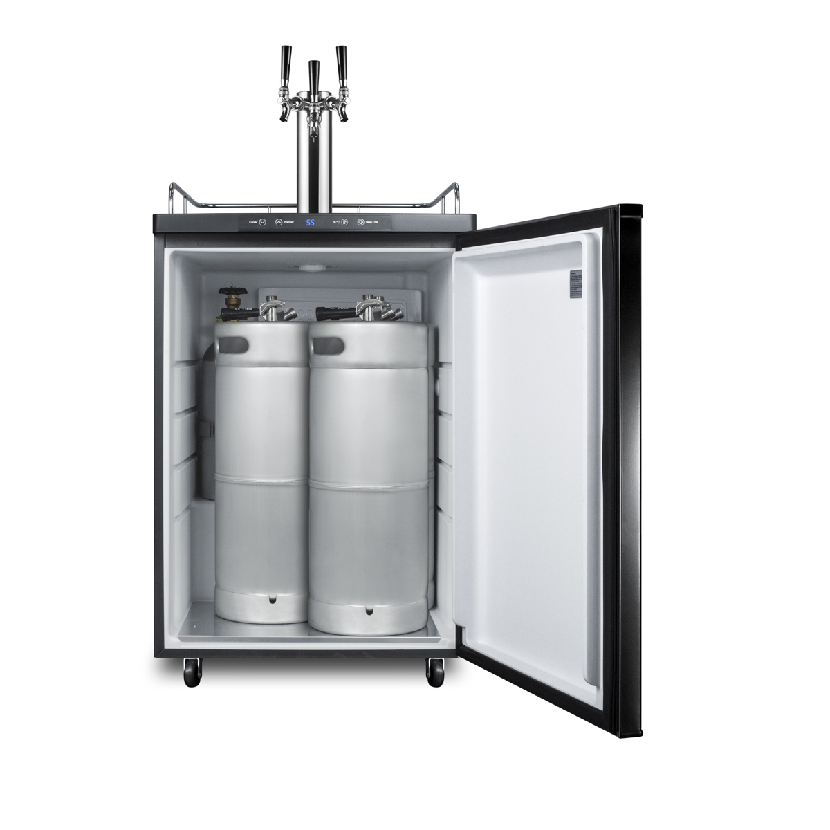 Freestanding residential beer dispenser, auto defrost with digital thermostat, black exterior finish, and triple tap system